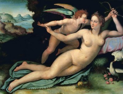 アッローリ、アレッサンドロ(1535-1607)の「ヴィーナスとアモール」。木に油彩、サイズ：29x38。フィレンツェ、ウフィツィ美術館 作： Alessandro Allori