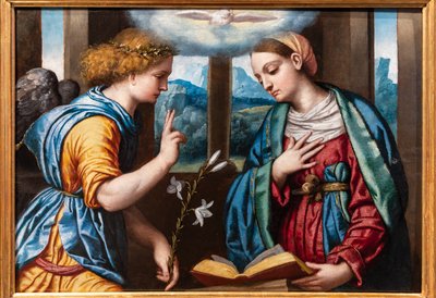 受胎告知、c.1535-40（パネルに油彩） 作： Alessandro Bonvicino Moretto