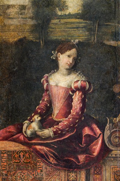 貴婦人の肖像画、貴婦人の小部屋の詳細 (壁に接着されたキャンバスに油彩) 作： Alessandro Bonvicino Moretto