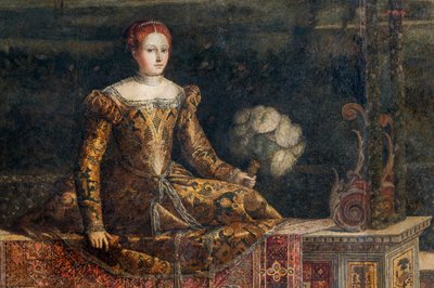 貴婦人の肖像画、貴婦人の小部屋の詳細 (壁に接着されたキャンバスに油彩) 作： Alessandro Bonvicino Moretto