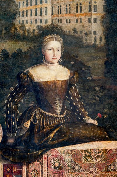 貴婦人の肖像画、貴婦人の小部屋の詳細 (壁に接着されたキャンバスに油彩) 作： Alessandro Bonvicino Moretto