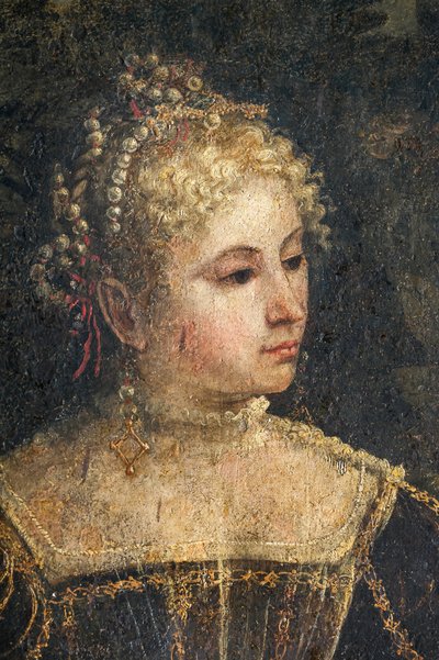 Portrait of a noblewoman, detail of the Small Room of the Noble Ladies (oil on canvas glued to the walls)   1407981   ja       japanese Successfully Translated  Original: Profile Portrait of Augustin and His Family Translat: Profile Portrait of Augustin an 作： Alessandro Bonvicino Moretto