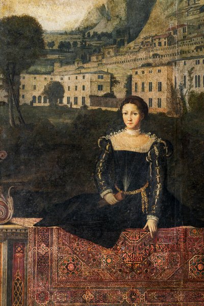 貴婦人の肖像画、貴婦人の小部屋の詳細 (壁に接着されたキャンバスに油彩) 作： Alessandro Bonvicino Moretto