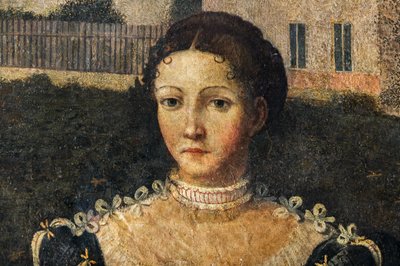 貴婦人の肖像画、貴婦人の小部屋の詳細 (壁に接着されたキャンバスに油彩) 作： Alessandro Bonvicino Moretto
