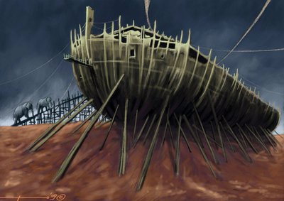 2 頭のゾウがノエの箱舟に乗っています。アレッサンドロ ロナティによるカラー ドローイング。 作： Alessandro Lonati
