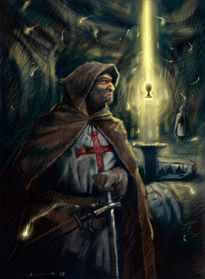 彼の後ろには聖杯の杯を持つテンプル騎士団 (Templar) の騎士。 イラスト アレッサンドロ・ロナティ 作： Alessandro Lonati