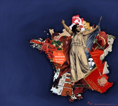 Uma mariana contra um fundo de colagem comunista. Alegoria do comunismo na França. 2010 Desenho colorido de Alessandro Lonati. 作： Alessandro Lonati