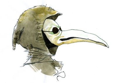 A plague doctor wearing a beak-like mask which was filled with aromatic items   1459158   ja       japanese Successfully Translated  Original: View of the transatlantic liner Titanic at the time of the sinking on 14 and 15 April 1912. Illustration by Alesa 作： Alessandro Lonati
