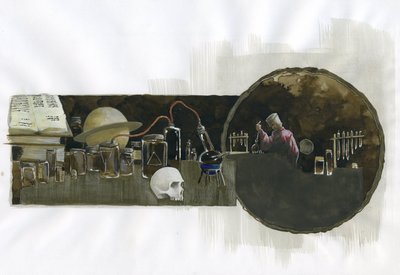 Alquimista em seu laboratório rodeado de frascos e alambiques Ilustração de Alessandro Lonati 作： Alessandro Lonati