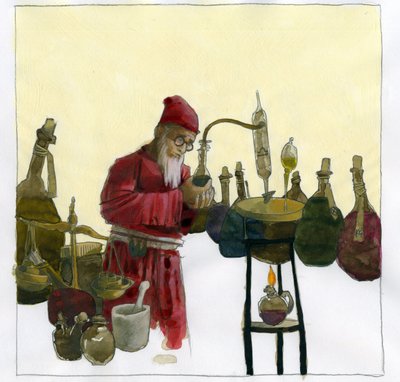 Alchemist in his laboratory surrounded by vials and stills Illustration by Alessandro Lonati   1459188   ja       japanese Successfully Translated  Original: Book Illustration (colour woodcut) Translat: Book Illustration (colour woodcut) 1449813 ja japanes 作： Alessandro Lonati