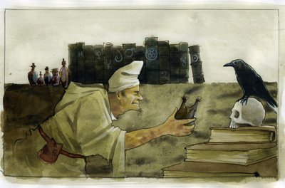 研究室にいる錬金術師とカラス、ドクロ イラスト：アレッサンドロ・ロナティ 作： Alessandro Lonati
