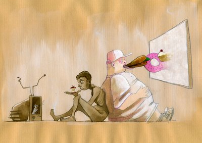 消費者社会としての私たちの共有社会の寓意的な表現は、巨大なスクリーンの前でファーストフード（ジャンクフード）を飲み込む西洋の肥満の若者として誇張されています。 作： アレッサンドロ・ロナティ