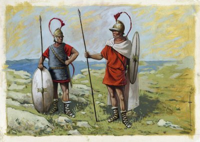 古代ギリシャ: トレオフォアの傭兵 (Thureophoros または Thureophoroi) (紀元前 3 ～ 1 世紀) (右) とトラカイト (Thorakitai) (左)。 アレッサンドロ・ロナティの絵 作： Alessandro Lonati