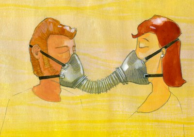 予想、公害：同じ防毒マスクを共有するカップル イラスト：アレッサンドロ・ロナティ 作： Alessandro Lonati