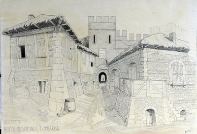 中世の建築: ロンバードの中世都市の城壁の眺め。 アレッサンドロ・ロナティによる鉛筆画。 作： Alessandro Lonati