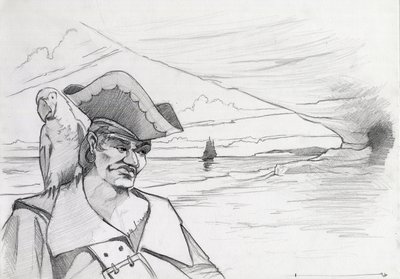 ガレオン船でビーチの洞窟で宝物を探しているオウムとカリブ海の海賊。 アレッサンドロ・ロナティの絵。 作： アレッサンドロ・ロナティ