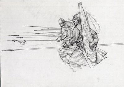 1066 年のヘイスティングズの戦いでの歩兵のノルマン戦士の突撃。アレッサンドロ ロナティによる描画。 作： Alessandro Lonati