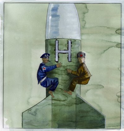 Guerra Fria: um oficial americano e um soviético agarrados a um míssil nuclear Ilustração de Alessandro Lonati 作： Alessandro Lonati