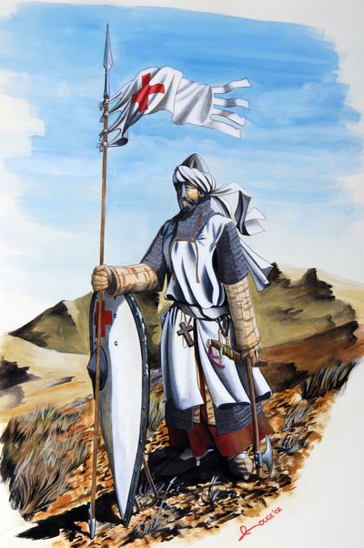 Ristiretket: Temppeliritarikunnan ritari, jolla on valkoinen takki Punaisen Ristin kanssa. Kuvitus Alessandro Lonati 作： Alessandro Lonati