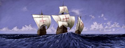 アメリカを発見: 「ピンタ」、「ニーナ」、「サンタ マリア」、1492 年の遠征中のクリストファー コロンブスのキャラベル船。アレサンドロ ロナティによるイラスト。 2010年 作： Alessandro Lonati