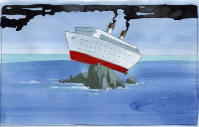 生態学: サンゴ礁に座礁した汚染物質クルーズ船としてのノアのアーチ イラスト: アレッサンドロ・ロナティ 作： Alessandro Lonati