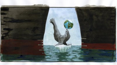 生態学と気候温暖化: 溶ける氷、口先で地球と戯れるアザラシは、氷山の最後の小さな一角にとどまっています。 その周りの石油タンカーの船体がそれを脅かしています - 平衡状態にある惑星を表す寓話 (生態学、地球規模の警告、海 作： Alessandro Lonati