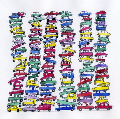 エコロジー、領事主義と経済、車の計画的陳腐化の環境への影響 イラスト：アレッサンドロ・ロナティ 作： Alessandro Lonati
