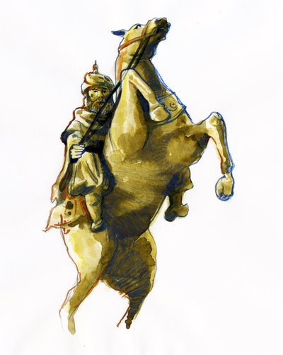Oqba ibn Nafi Al Fihri (622-683) の騎馬肖像画 - (Uqba ibn Nafi または Oqba ibn Nafi、Uqba ibn Nafe、Uqba ibn al Nafia、または Akbah Arabic General) スケッチ 作： Alessandro Lonati