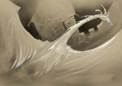 ファンタスティック クリーチャー: 城の塔の上を飛ぶドラゴン デッサン アレッサンドロ ロナティ 作： Alessandro Lonati