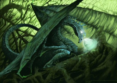 Criatura fantástica: um dragão protegendo seu ovo. Ilustração de Alesandro Lonati. 2010 作： アレッサンドロ・ロナティ