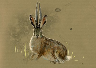 幻想的なモンスターと生き物、未確認動物学: ジャッカロープの表現、伝説の動物 milievre mi アンテロープ (アンテロープの角を持つ神話上の動物ジャックウサギ) - アレッサンドロ・ロナティ作、2012 年 作： Alessandro Lonati