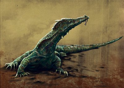 幻想的なモンスターと生き物、未確認動物学: インド北東部で見られたであろうブル、大きなトカゲの表現 - アレッサンドロ・ロナティ作、2012 年 作： Alessandro Lonati