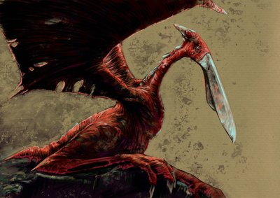 幻の怪物と生き物、未確認動物学: ザンビア西部のムウィニルンガ地区のジウンドゥ湿地で見られたと言われている揮発性の翼竜のような生き物、コンガマトの表現 - アレッサンドロ・ロナティ作、2012 年 作： Alessandro Lonati
