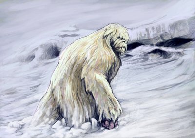 幻想的なモンスターと生き物、未確認動物学: ヒマラヤ地域の民間伝承のイエティまたは「忌まわしい雪だるま」の擬人化された生き物の表現 (イエティまたは忌まわしい雪だるまは、ネのヒマラヤ地域に生息すると言われている類人猿のような未確認生物です) 作： Alessandro Lonati