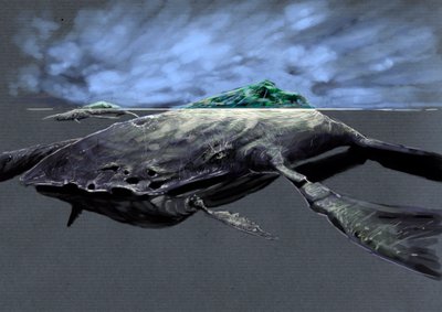 幻想的な怪物と生き物、未確認動物学: 島に似た巨大なウミガメ、ザラタンの表現 アレッサンドロ・ロナティ作、2012 年 作： Alessandro Lonati