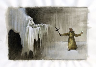 十字架を持った修道士と幽霊の戦い イラスト：アレッサンドロ・ロナティ 作： Alessandro Lonati