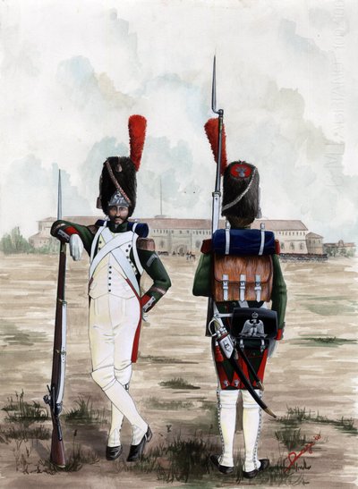 ファースト エンパイア (1804-1814 および 1815): イタリア、ミラノのスフォルツェスコ城の広場にあるナポレオン大陸軍の近衛兵の擲弾兵。 アレッサンドロ・ロナティの絵 作： Alessandro Lonati