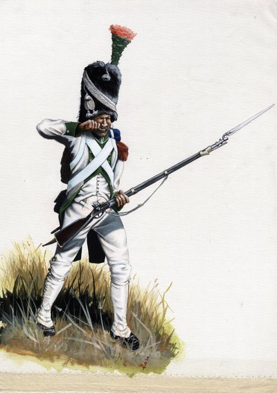 Primeiro Império (1804-1814 e 1815): Velite soldado do grande exército napoleônico na Itália abrindo um cartucho. Desenho de Alessandro Lonati 作： Alessandro Lonati