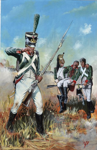Primeiro Império (1804-1814 e 1815): soldados do grande exército napoleônico na Itália para ajudar um camarada ferido. Desenho de Alessandro Lonati 作： Alessandro Lonati
