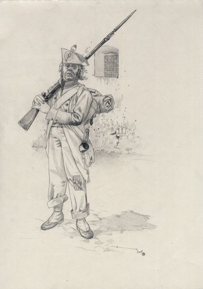 最初の帝国 (1804-1814 または 1815): ナポレオン軍の兵士、砦のライダー旅団の歩兵兵士。 アレッサンドロ・ロナティの絵 作： Alessandro Lonati
