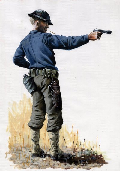 第一次世界大戦 1914-1918: 1917 年に西部戦線でピストルを持ったアメリカ陸軍の歩兵。 アレッサンドロ・ロナティの絵 作： Alessandro Lonati
