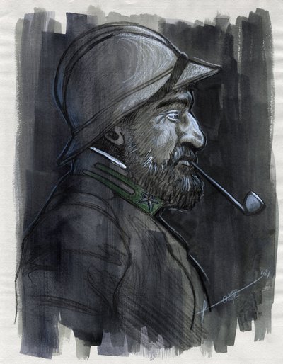 Primeira Guerra Mundial 1914-1918: Retrato de perfil de um soldado do exército italiano fumando cachimbo em 1915. Desenho de Alessandro Lonati 作： Alessandro Lonati