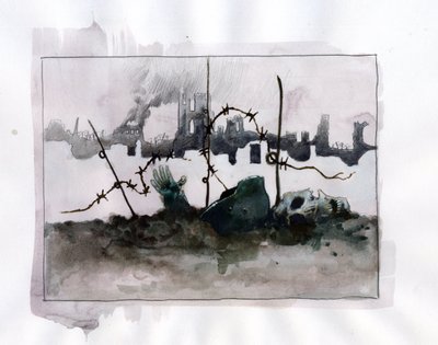 第一次世界大戦: アレッサンドロ・ロナティのカラー画を背景に、ひげを生やした髑髏のヘルメットをかぶった戦争のアレゴリー 作： アレッサンドロ・ロナティ