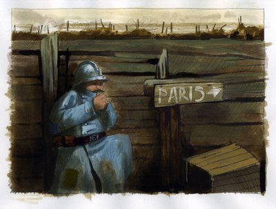 第一次世界大戦: パリを示す標識の近くの毛むくじゃらのフランス軍 作： Alessandro Lonati
