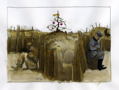 第一次世界大戦: 塹壕での 2 人の敵兵、イギリス軍 (左) とドイツ軍の孤独、1914-1918 年、アレッサンドロ・ロナティによるイラスト 作： Alessandro Lonati