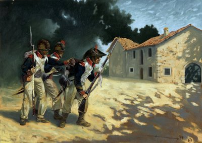 Primeiro império: Granadeiros da infantaria francesa em patrulha durante as campanhas italianas. Desenho de Alessandro Lonati 作： Alessandro Lonati