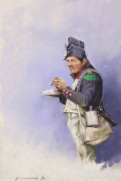 Ensimmäinen valtakunta: kevytjalkaväen sotilas aterian aikana Napoleon I:n kampanjan aikana (luultavasti Venäjällä) 1800-luvun alku. Kuvitus Alessandro Lonati. 2010 作： Alessandro Lonati