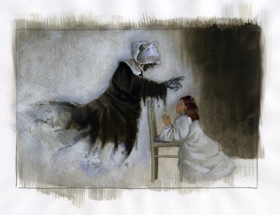 祈る少女の前に、手の曲がった年配の修道女の幽霊が現れる イラスト：アレッサンドロ・ロナティ 作： Alessandro Lonati