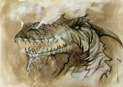 幻想的で伝説的な動物のイラスト: ドラゴン ヘッドが銃口から煙をはじきます。 アレッサンドロ・ロナティによるカラードローイング。 作： Alessandro Lonati