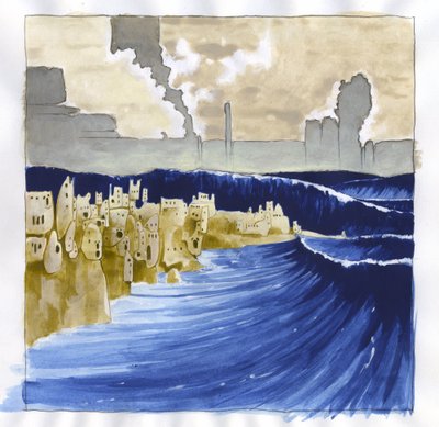 Kuva saaren myytistä katosi Atlantismeren (Atlantis) alle: näkymä levottomasta merestä legendaarista saarta tulvivan tulivuoren purkauksen jälkeen. Väripiirustus Alessandro Lonati. 作： アレッサンドロ・ロナティ